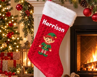 Personalised Elf Christmas Stocking, Red Velvet, Printed Name