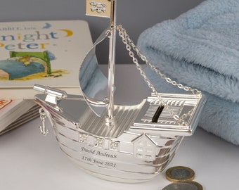 Personalised Silver Pirate Ship Piggy Money Box For Boys Christening New Baby Gifts Ideas Boxes Girls Presents Born Babies Keepsakes