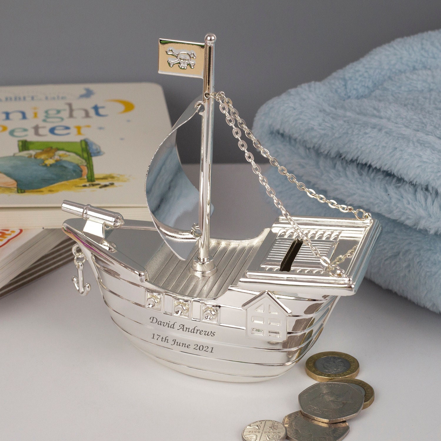 Personalised Silver Pirate Ship Piggy Money Box for Boys 