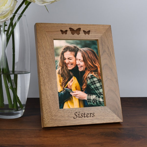 Engraved Sisters Wooden Photo Frame 4x6 5x7 Gifts Ideas & For Mother's Day Birthday Celebration Baby Christmas Sister Family Butterfly