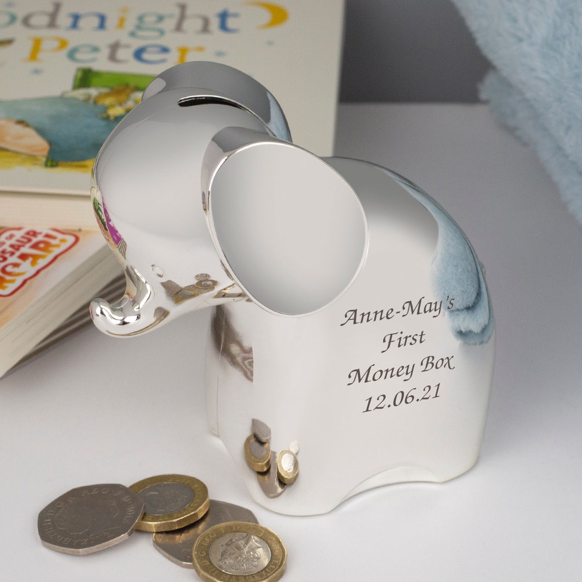 Personalised Silver Elephant Money Box For Boys Christening Etsy