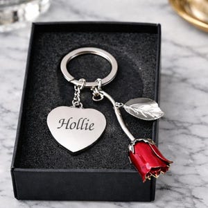 Personalised Engraved Name Red Rose Keyring Key Rings Gifts Ideas For Valentines Day Flowers Mothers Mum Wife Anniversary Wedding