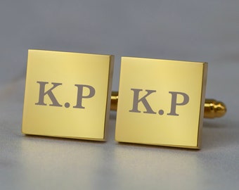 Personalised Gold Plated Square Engraved Initials Cufflinks Mens For Wedding Birthday Christmas Fathers Day Dad Best Man Favours