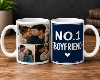 Personalised Photo Mug, No.1 Boyfriend, 3 Photo Collage, 11oz Ceramic