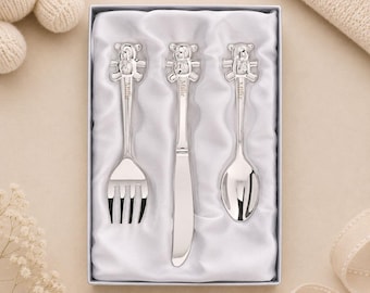 Personalised Baby Cutlery Set, Silver Teddy Bear Knife Fork & Spoon