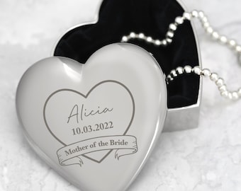 Caja de baratijas personalizada con forma de corazón para la madre de la novia, grabada, recuerdo de boda, regalo de agradecimiento para ella, cualquier nombre y fecha, recuerdo plateado