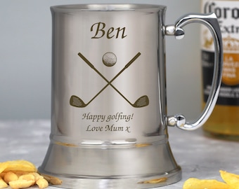 Personalised Golf & Clubs Stainless Steel Tankard Gifts Ideas For Men Him Dad Son Birthday Christmas Fathers Day Retirement Beer Pint