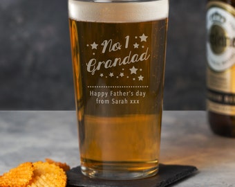 Personalised No.1 Grandad Pint Glass Laser Engraved Gift Ideas For Him Birthday Fathers Day Christmas Beer Lager Grandpa Papa Number One