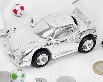 Personalised Racing Car Money Box Gifts Ideas For New Born Baby Babies Christening Boys Girls Keepsakes Silver Plated 1st Holy