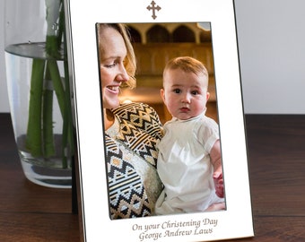 Personalisierter Silber überzogener 5x7 Kreuz-Fotorahmen für Taufe Taufen Baby-Geschenk-Ideen für Jungen oder Mädchen Heilige Kommunion Erste 4x6