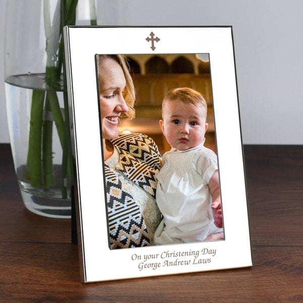 Cadre photo personnalisé en forme de croix 5 x 7 pouces plaqué argent pour baptêmes, baptêmes, idées cadeaux pour garçons ou filles, première communion 4 x 6 pouces