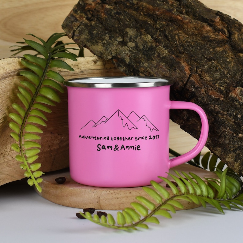 Personalised Adventuring Together Enamel Camping Mug Gifts Ideas For Camper van Picnic Metal Insulating Hot Cold Outside Outdoors Festival image 6