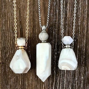 Gemstone Essential Oils or Perfume Bottle Necklace, White Lace Agate Vial Pendant, Aromatherapy Necklace, Diffuser Jewelry