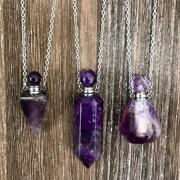 Gemstone Essential Oils or Perfume Bottle Necklace, Amethyst Vial Pendant, Aromatherapy Necklace, Diffuser Jewelry