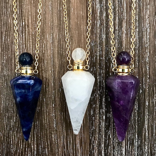 Gemstone Essential Oils or Perfume Bottle Necklace, Amethyst, Sodalite, White Crystal Vial Pendant, Aromatherapy Necklace, Diffuser Jewelry