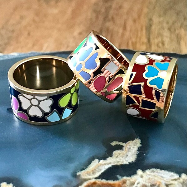 Stainless Steel Enamel Ring, Gold Plated Colorful Ring, Painted Enamel Ring, Scarf Ring