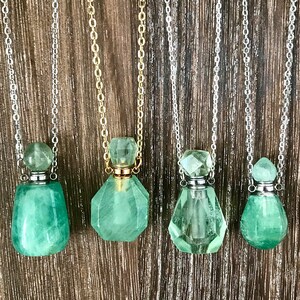 Gemstone Essential Oils or Perfume Bottle Necklace, Green Fluorite Vial Pendant, Aromatherapy Necklace, Diffuser Jewelry