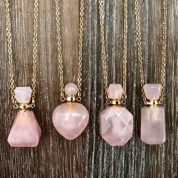 Gemstone Essential Oils Necklace, Crystal Bottle, Rose Quartz Vial Pendant, Aromatherapy Necklace, Diffuser Jewelry