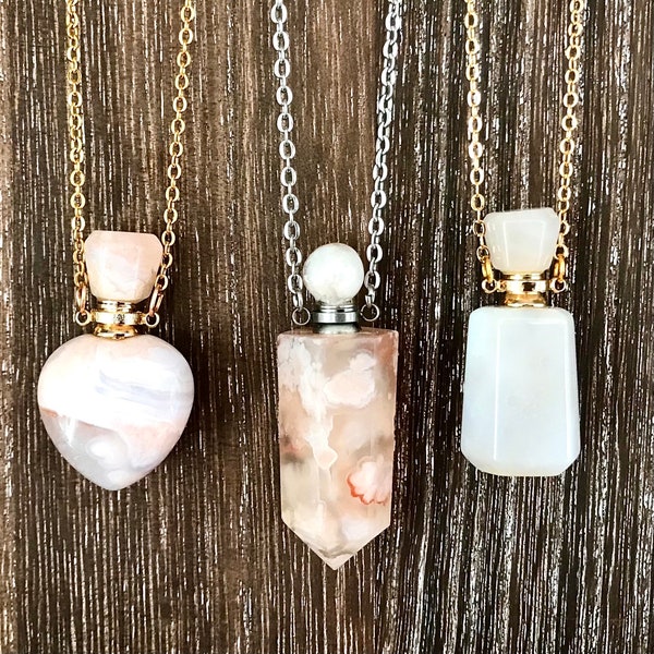 Gemstone Essential Oils or Perfume Bottle Necklace, Cherry Blossom Agate Vial Pendant, Aromatherapy Necklace, Diffuser Jewelry