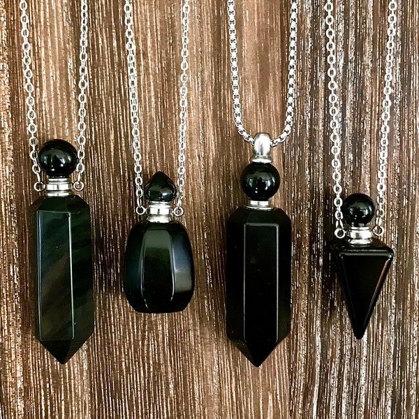 Gemstone Essential Oils or Perfume Bottle Necklace, Obsidian Vial Pendant, Aromatherapy Necklace, Diffuser Jewelry