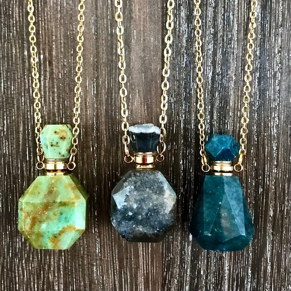 Gemstone Essential Oils or Perfume Bottle Necklace, Turquoise, Agate, Apatite Vial Pendant, Aromatherapy Necklace, Diffuser Jewelry