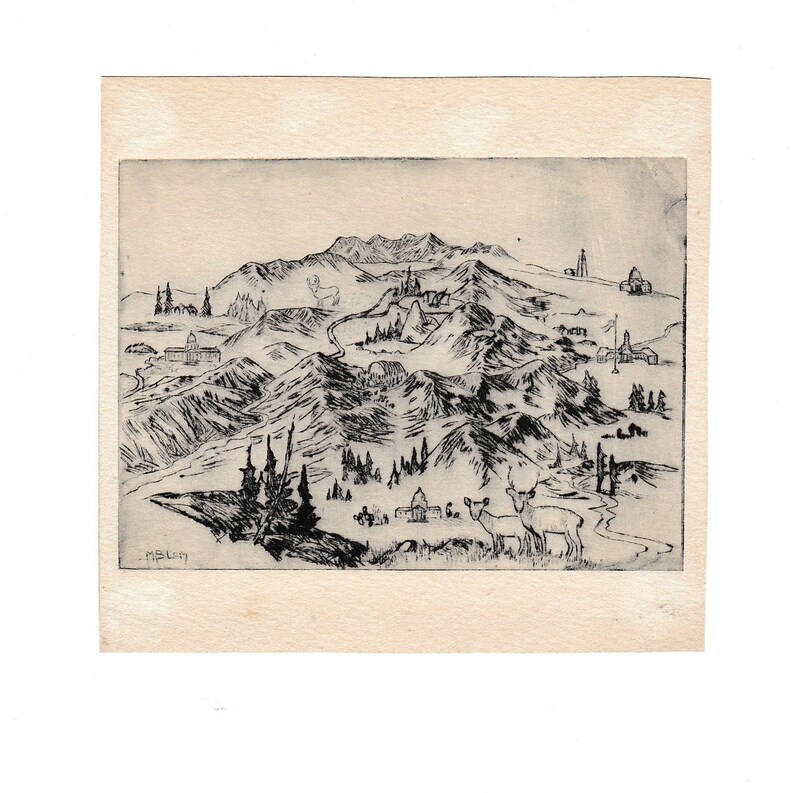 Antique Original Artist Drawing Colorado Mountain Town with Animals and Buildings