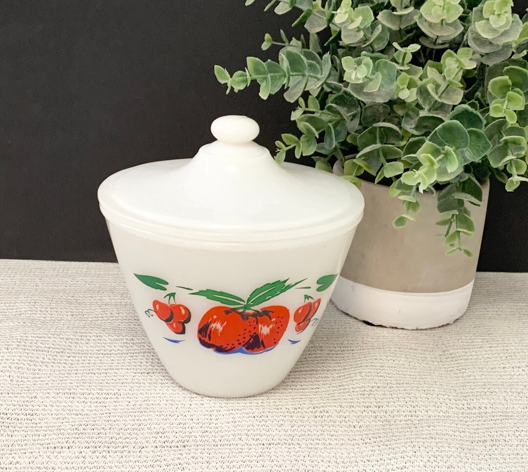 Vintage MCM Fire King Grease Jar Apples & Cherries Pattern Etsy