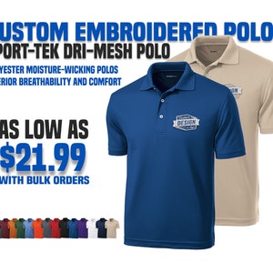 Custom Embroidered Polo Shirts | Moisture Wicking | Sport-Tek Dry Mesh | Custom Design