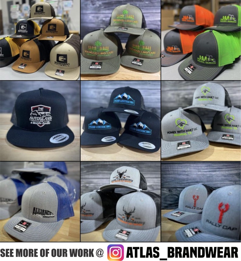 May include: A collage of various embroidered hats with different designs and colors. The hats are all trucker style with a mesh back and a front panel. Some of the designs include a mountain range, a heart, a lobster, a deer, and a car. The hats are all in different colors, including black, gray, green, blue, and orange.