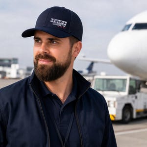 May include: A navy blue baseball cap featuring a white embroidered logo that reads "Ferry Logistix" with five small red stars underneath. The cap has a structured crown, a curved brim, and is made of a solid, dark-colored fabric material.