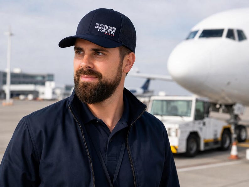 May include: A navy blue baseball cap featuring a white embroidered logo that reads "Ferry Logistix" with five small red stars underneath. The cap has a structured crown, a curved brim, and is made of a solid, dark-colored fabric material.