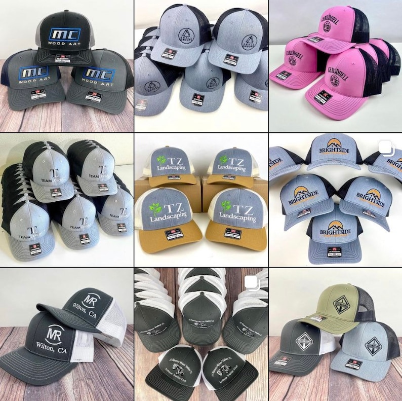 May include: Assortment of embroidered baseball caps in various colors and designs.  The caps feature logos and text such as "MC Wood Art", "Team", "TZ Landscaping", "Brightside", and "MR Wilton, CA".