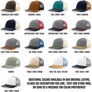 May include: A collage of 16 different color combinations for a trucker hat. The hat is a classic style with a mesh back and a solid front panel. The colors include teal, navy, grey, red, black, white, beige, brown, khaki, orange, yellow, and amber.