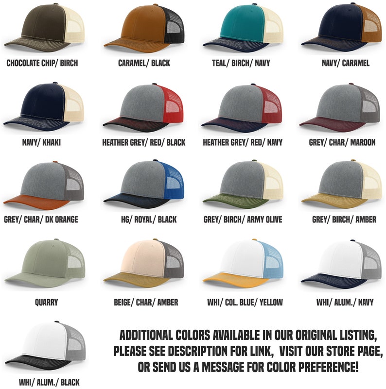 May include: A collage of 16 different color combinations for a trucker hat. The hat is a classic style with a mesh back and a solid front panel. The colors include teal, navy, grey, red, black, white, beige, brown, khaki, orange, yellow, and amber.