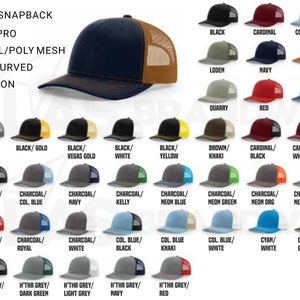 May include: A chart showing different color combinations for a baseball cap. The cap is a twill and poly mesh blend with a precurved visor and adjustable snapback. The chart shows 48 different color combinations.