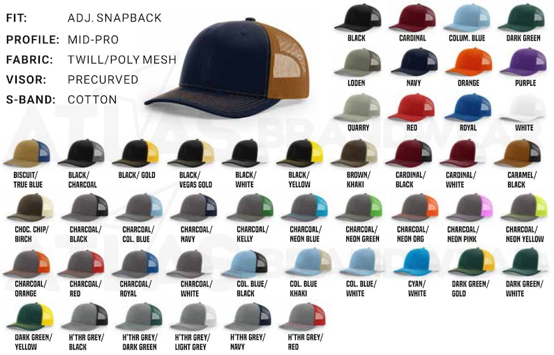 May include: A chart showing different color combinations for a baseball cap. The cap is a twill and poly mesh blend with a precurved visor and adjustable snapback. The chart shows 48 different color combinations.