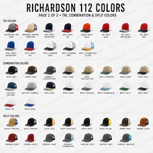 May include: A color chart for Richardson 112 hats, displaying various tri-color, combination, and split-color options. Each hat features a structured crown and mesh back, with labels identifying specific color combinations like navy, white, and red.
