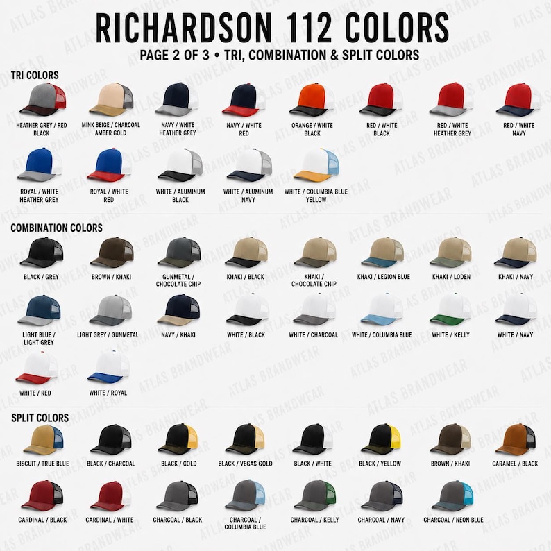 May include: A color chart for Richardson 112 hats, displaying various tri-color, combination, and split-color options. Each hat features a structured crown and mesh back, with labels identifying specific color combinations like navy, white, and red.