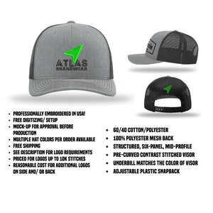 May include: A gray and black baseball cap with a green arrow logo that says "ATLAS BRANDWEAR". The cap has a mesh back and a curved brim. The cap is adjustable with a plastic snap.