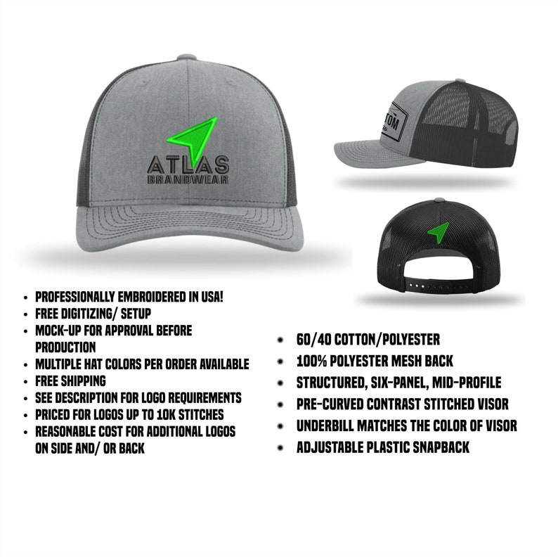 May include: A gray and black baseball cap with a green arrow logo that says "ATLAS BRANDWEAR". The cap has a mesh back and a curved brim. The cap is adjustable with a plastic snap.