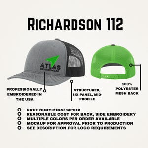 May include: A Richardson 112 cap featuring a grey front panel with a green arrow logo and the text ATLAS BRANDWEAR, paired with a black mesh back. A second view shows a bright green cap with a matching mesh back and an adjustable snapback closure.
