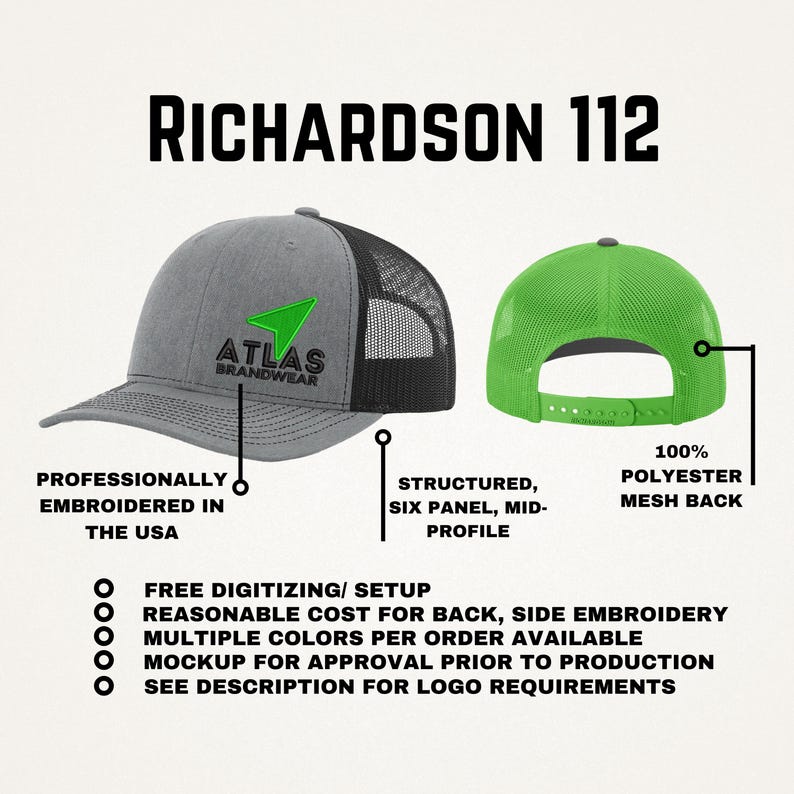 May include: A Richardson 112 cap featuring a grey front panel with a green arrow logo and the text ATLAS BRANDWEAR, paired with a black mesh back. A second view shows a bright green cap with a matching mesh back and an adjustable snapback closure.