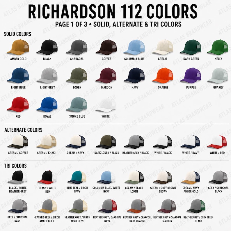 May include: A color chart titled RICHARDSON 112 COLORS PAGE 1 OF 3 displaying various trucker hats in solid, alternate, and tri-color combinations. The grid features labeled rows of hats in diverse shades including amber gold, black, charcoal, coffee, blue, green, red, and white, showcasing the available color options for this specific headwear model.