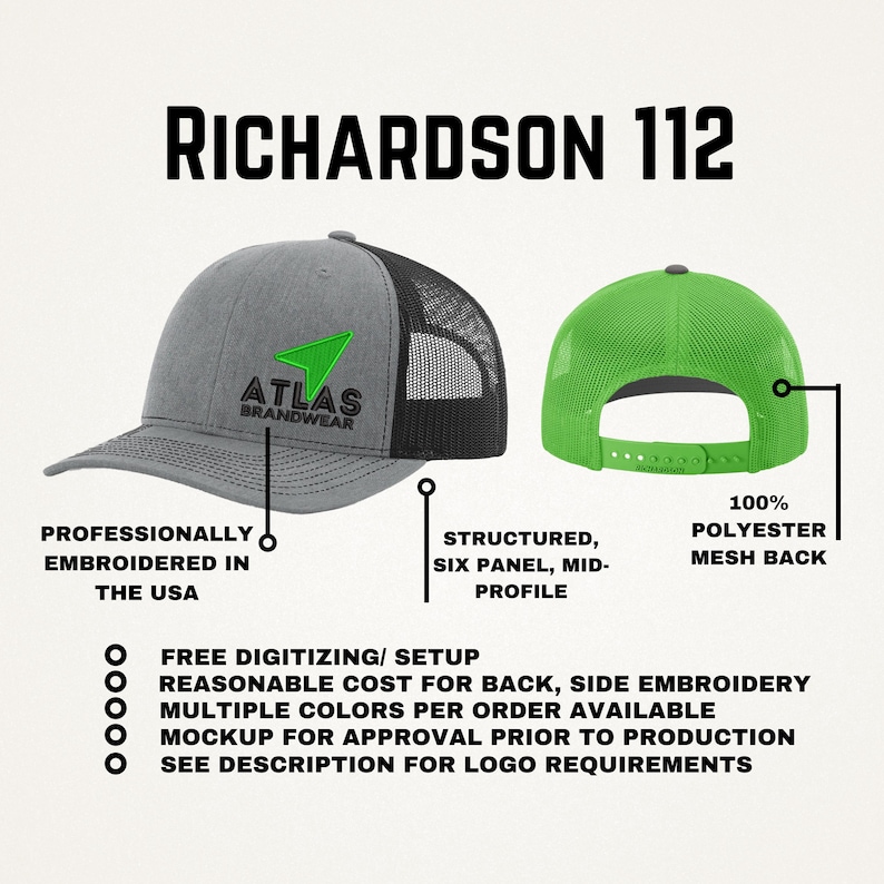 May include: A gray and black baseball cap with a green embroidered logo that says "ATLAS BRANDWEAR". The cap is a Richardson 112, structured, six panel, mid-profile, with a 100% polyester mesh back.