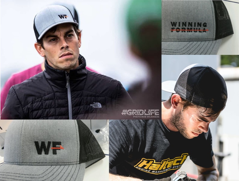 May include: Two men wearing gray and black baseball caps with the text "WF" and "WINNING FORMULA" embroidered on them. The caps have a black mesh back.