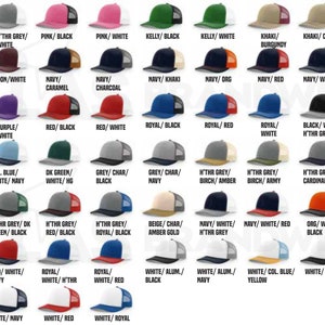 May include: A variety of 48 different color combinations of trucker hats. The hats are all the same style, with a mesh back and a solid front panel. The hats are arranged in rows, with each row showing a different color combination.