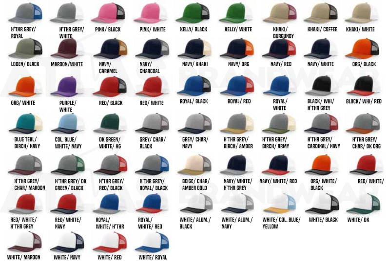 May include: A variety of 48 different color combinations of trucker hats. The hats are all the same style, with a mesh back and a solid front panel. The hats are arranged in rows, with each row showing a different color combination.