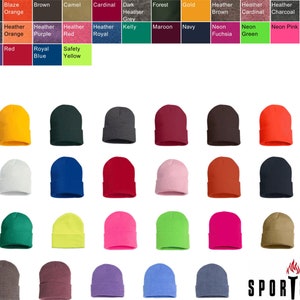 May include: A variety of 30 knit beanies in different colors, including white, black, blaze orange, brown, camel, cardinal, dark heather grey, forest, gold, heather brown, heather cardinal, heather charcoal, heather dark royal, heather grey, heather navy, heather orange, heather purple, heather red, heather royal, kelly, maroon, navy, neon fuchsia, neon green, neon pink, neon yellow, orange, pink, purple, red, royal blue, safety yellow. The beanies are arranged in four rows of eight beanies each. The beanies are all the same style, with a simple, rounded shape. The beanies are all made of a soft, knit fabric. The beanies are all in focus and the background is white.