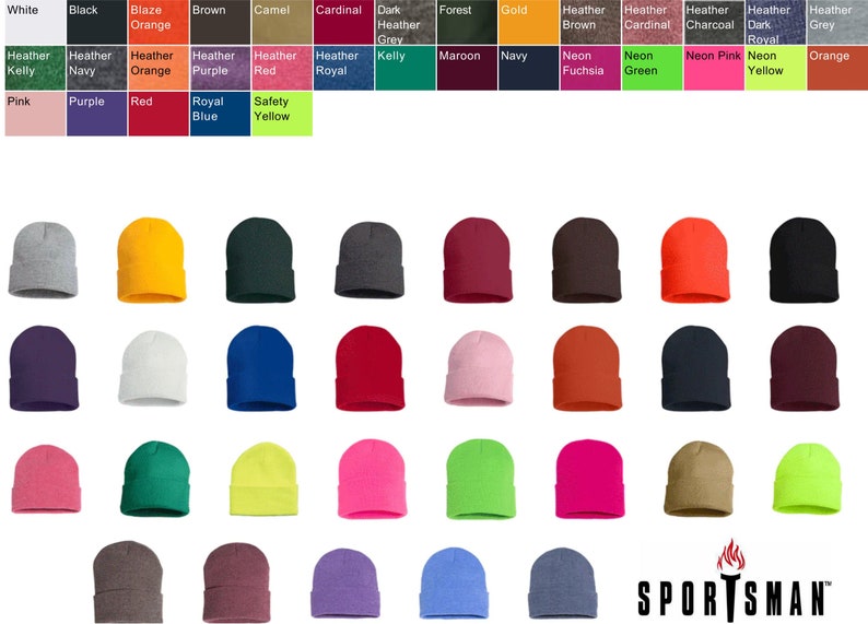 May include: A variety of 30 knit beanies in different colors, including white, black, blaze orange, brown, camel, cardinal, dark heather grey, forest, gold, heather brown, heather cardinal, heather charcoal, heather dark royal, heather grey, heather navy, heather orange, heather purple, heather red, heather royal, kelly, maroon, navy, neon fuchsia, neon green, neon pink, neon yellow, orange, pink, purple, red, royal blue, safety yellow. The beanies are arranged in four rows of eight beanies each. The beanies are all the same style, with a simple, rounded shape. The beanies are all made of a soft, knit fabric. The beanies are all in focus and the background is white.