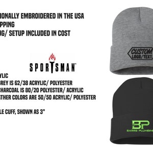 May include: Two knit beanies with embroidered logos. The gray beanie has a black embroidered logo that says "CUSTOM LOGO/TEXT". The black beanie has a green embroidered logo that says "BP BARRS PLUMBING".